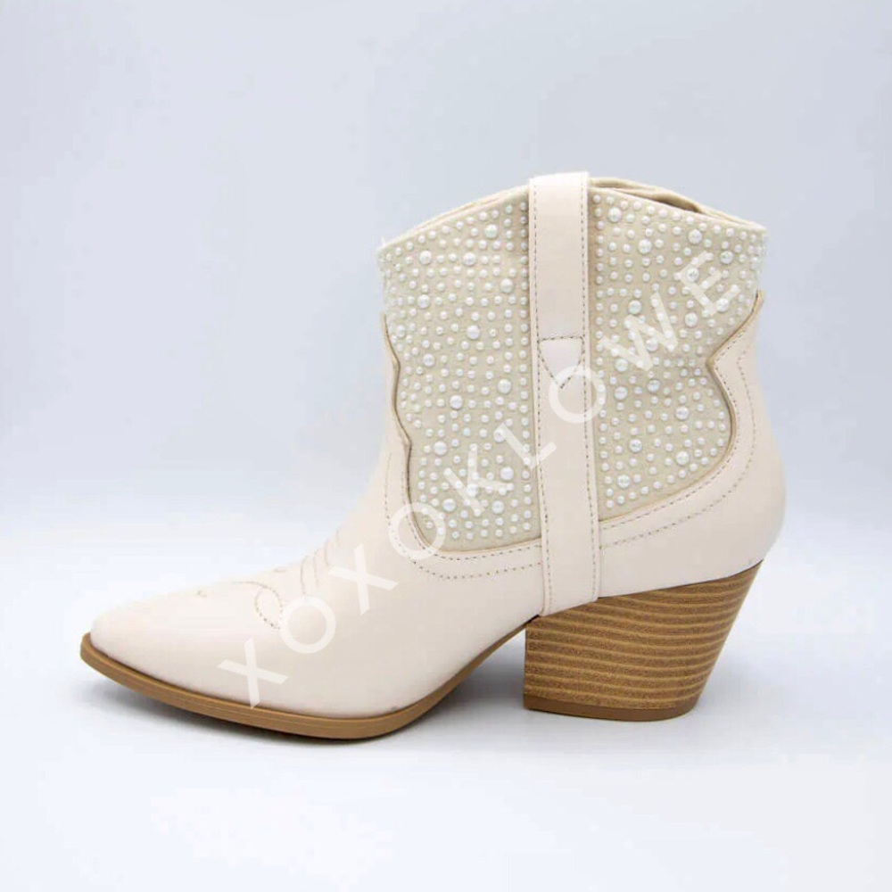 Ivory Faux Pearl Embellished Western Cowboy Boots - Picture 6 of 7